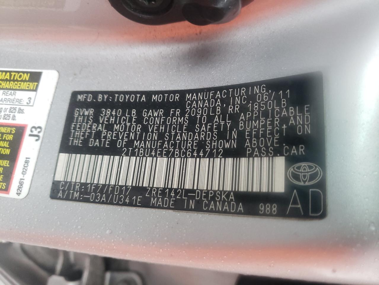 Photo 10 from auction – 2011 TOYOTA COROLLA BA with VIN 2T1BU4EE7BC644712