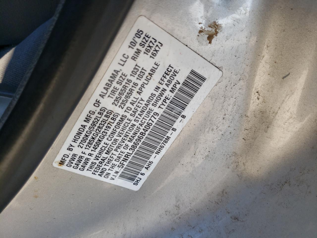 Photo 10 from auction – 2006 HONDA ODYSSEY EX with VIN 5FNRL38696B406779