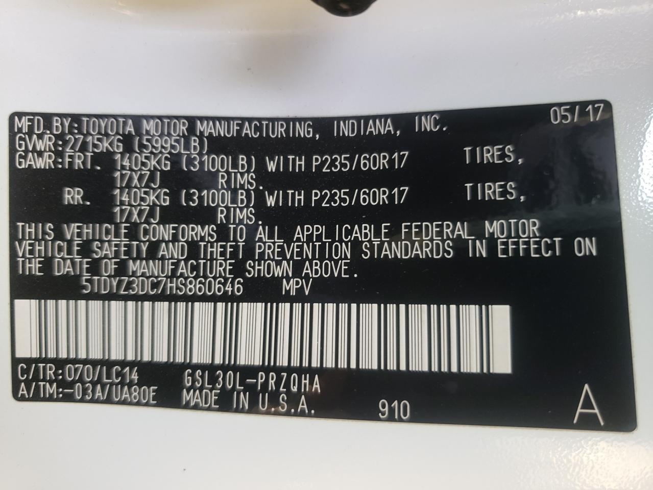 Photo 10 from auction – 2017 TOYOTA SIENNA XLE with VIN 5TDYZ3DC7HS860646