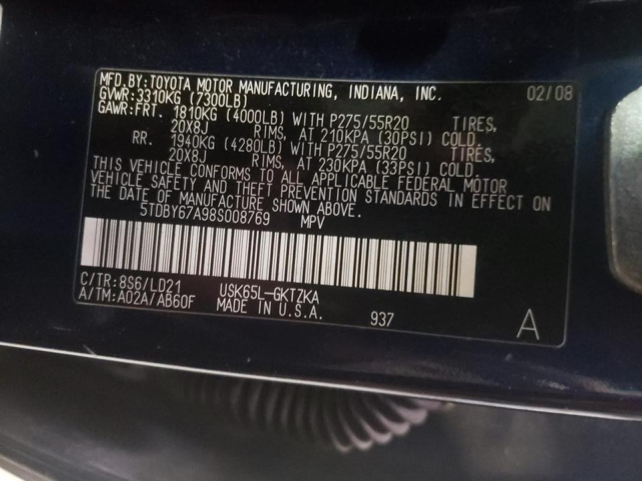 Photo 10 from auction – 2008 TOYOTA SEQUOIA PL with VIN 5TDBY67A98S008769