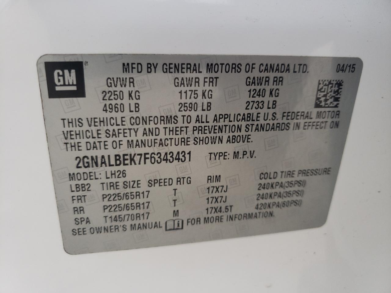 Photo 10 from auction – 2015 CHEVROLET EQUINOX LT with VIN 2GNALBEK7F6343431