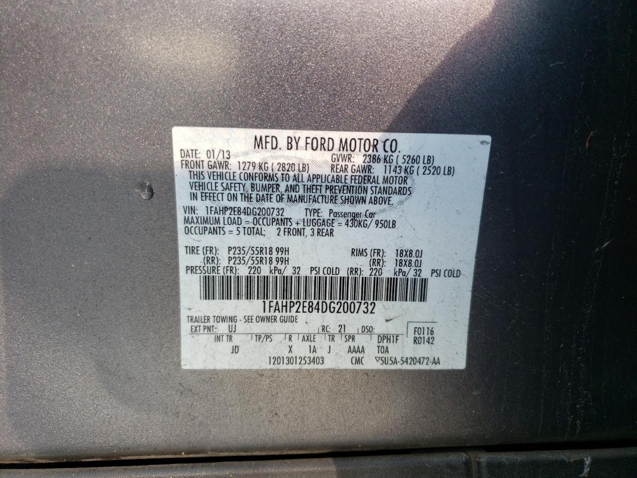Photo 10 from auction – 2013 FORD TAURUS SEL with VIN 1FAHP2E84DG200732