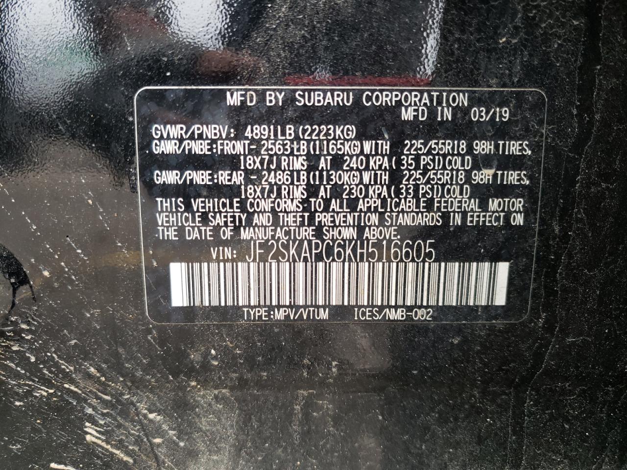 Photo 10 from auction – 2019 SUBARU FORESTER S with VIN JF2SKAPC6KH516605