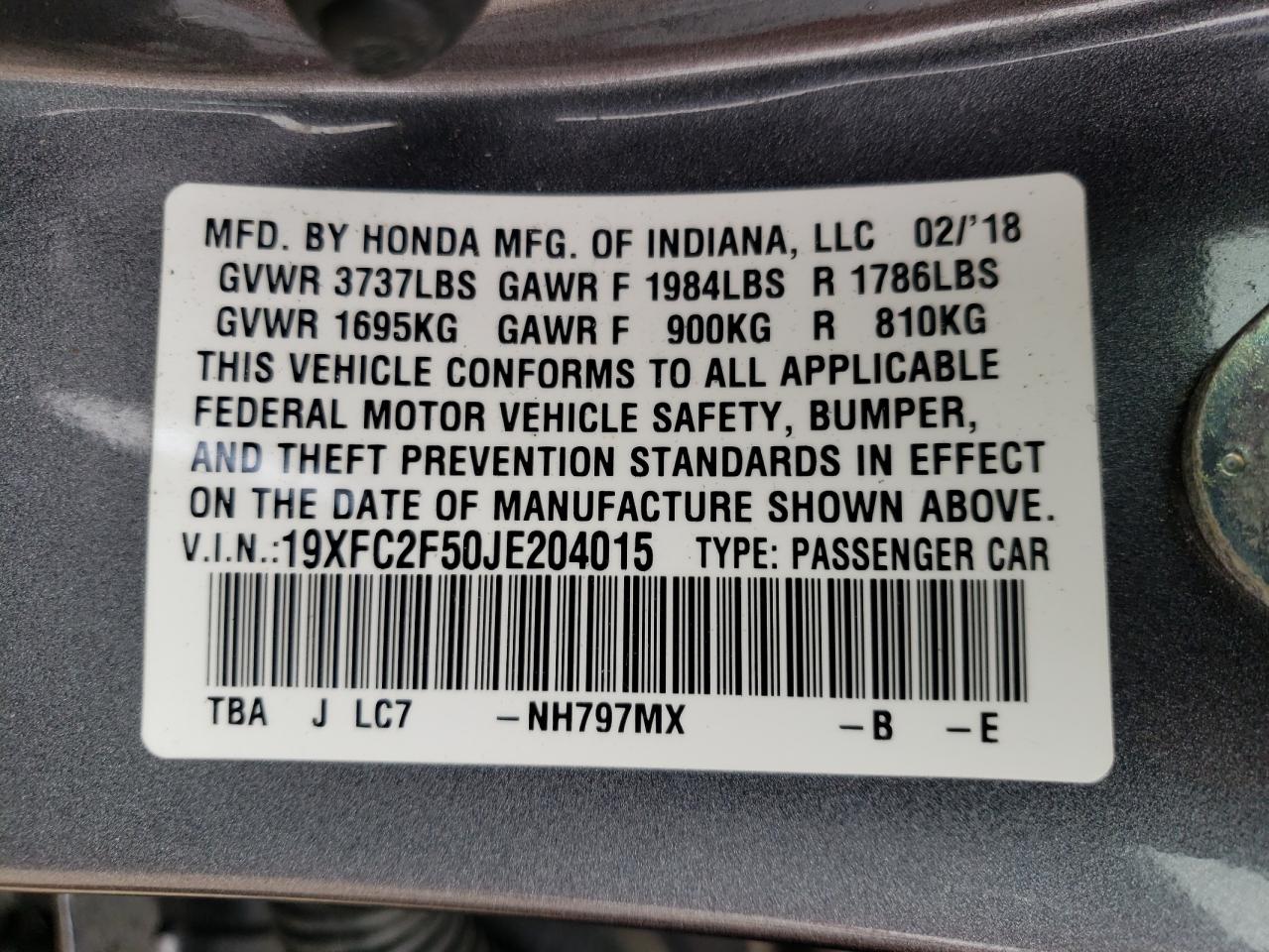 Photo 10 from auction – 2018 HONDA CIVIC LX with VIN 19XFC2F50JE204015