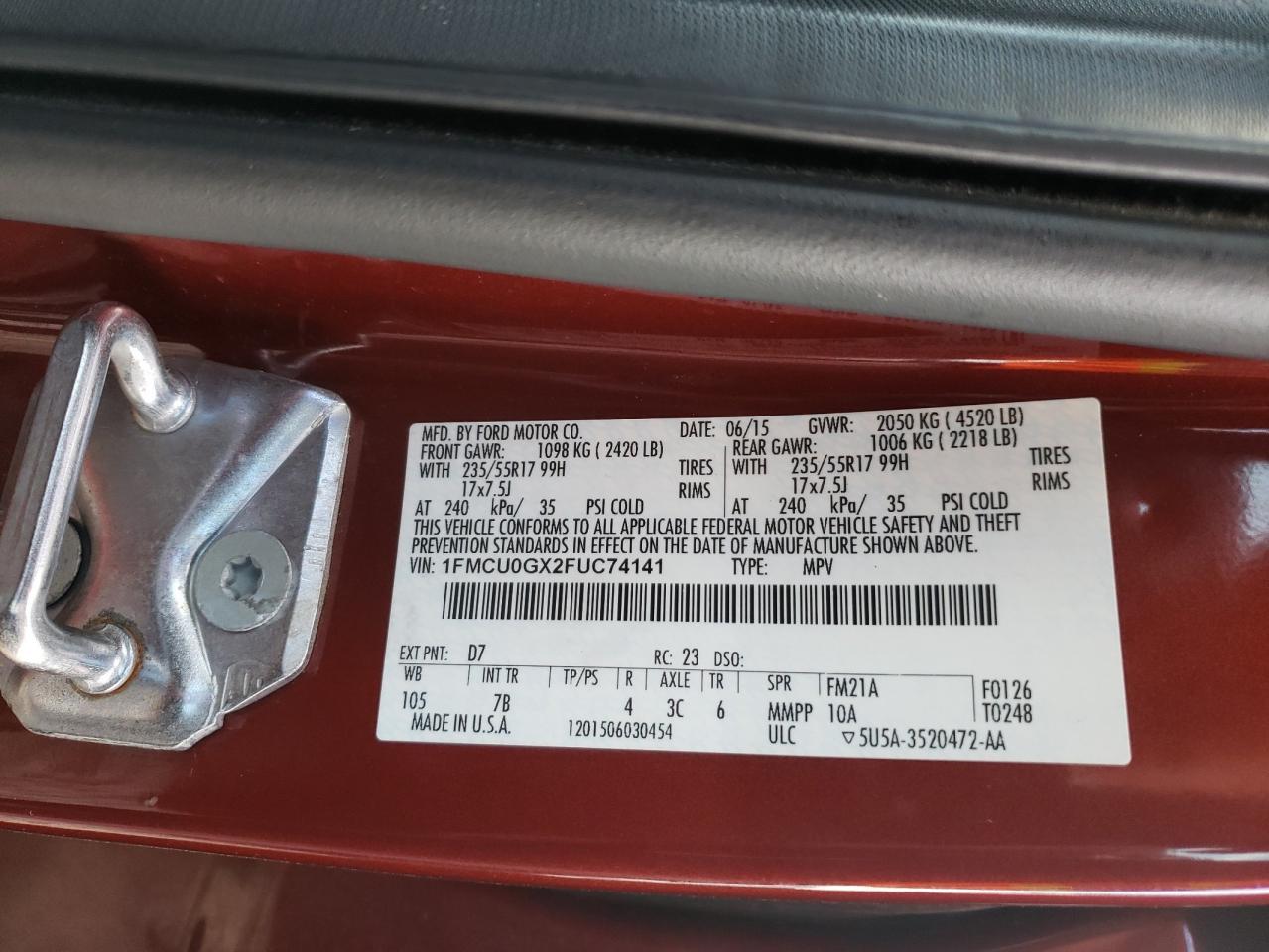 Photo 10 from auction – 2015 FORD ESCAPE SE with VIN 1FMCU0GX2FUC74141