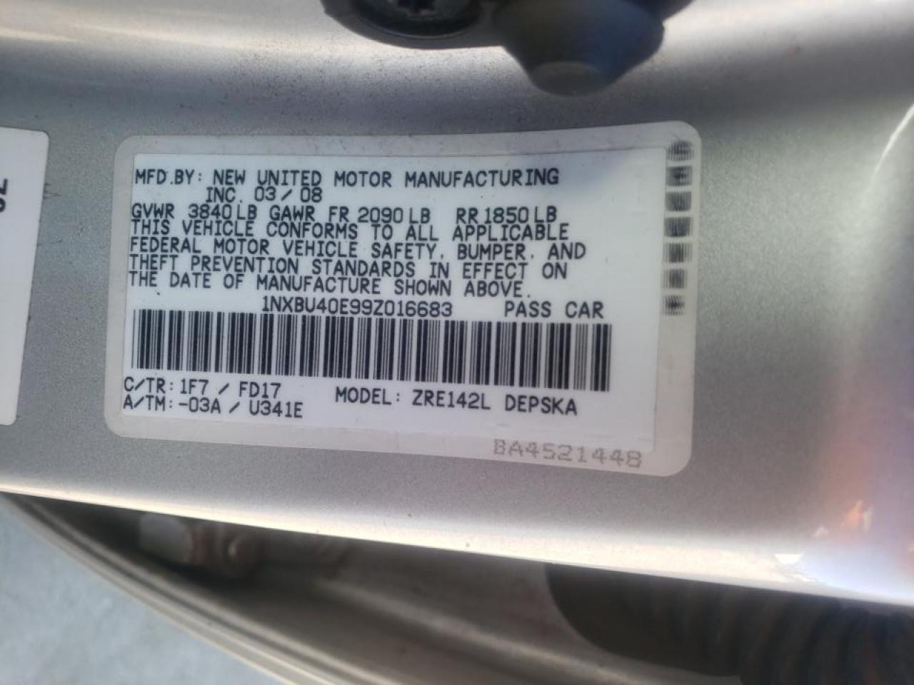 Photo 10 from auction – 2009 TOYOTA COROLLA BA with VIN 1NXBU40E99Z016683