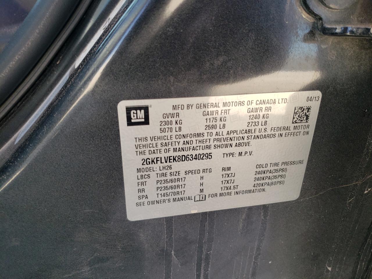 Photo 10 from auction – 2013 GMC TERRAIN SL with VIN 2GKFLVEK8D6340295