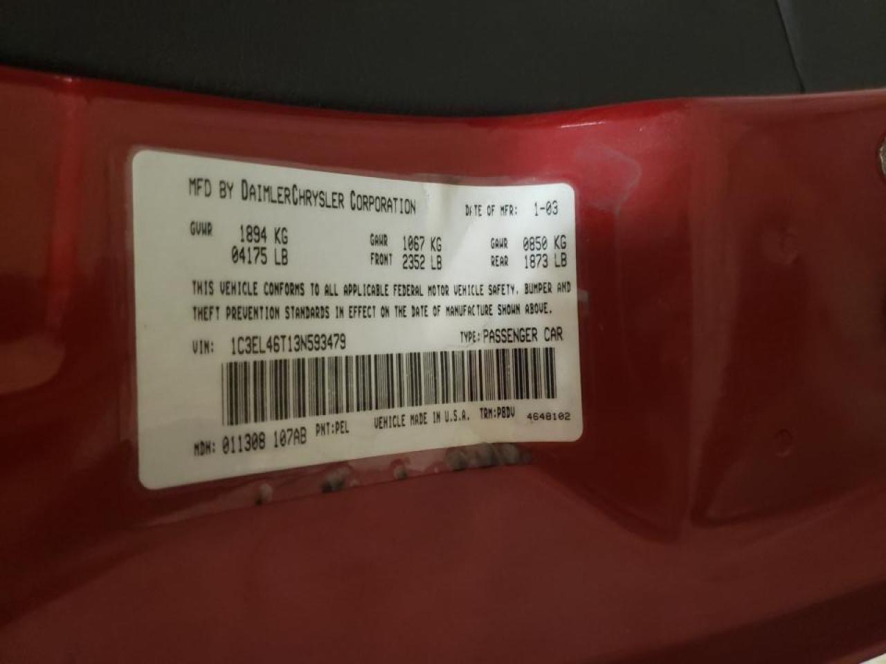 Photo 10 from auction – 2003 CHRYSLER SEBRING LX with VIN 1C3EL46T13N593479