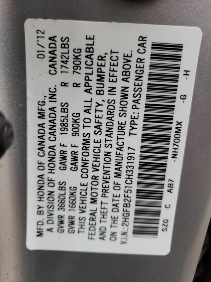 Photo 10 from auction – 2012 HONDA CIVIC LX with VIN 2HGFB2F51CH331917
