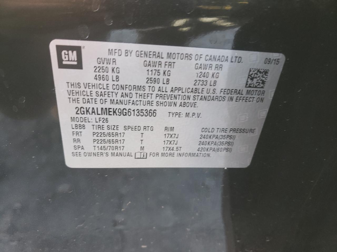 Photo 10 from auction – 2016 GMC TERRAIN SL with VIN 2GKALMEK9G6135366