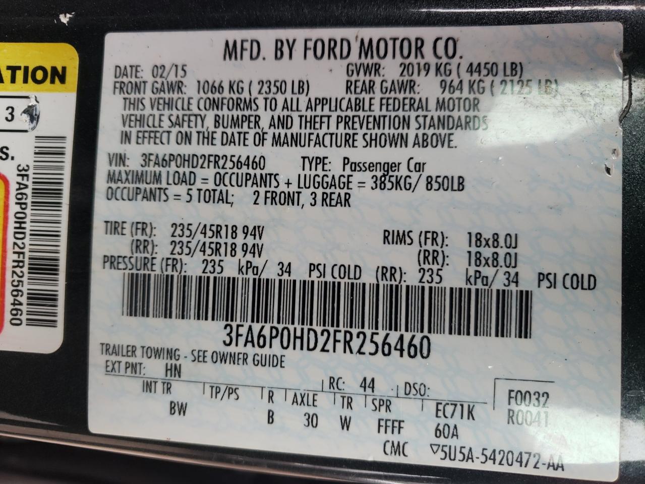 Photo 10 from auction – 2015 FORD FUSION SE with VIN 3FA6P0HD2FR256460