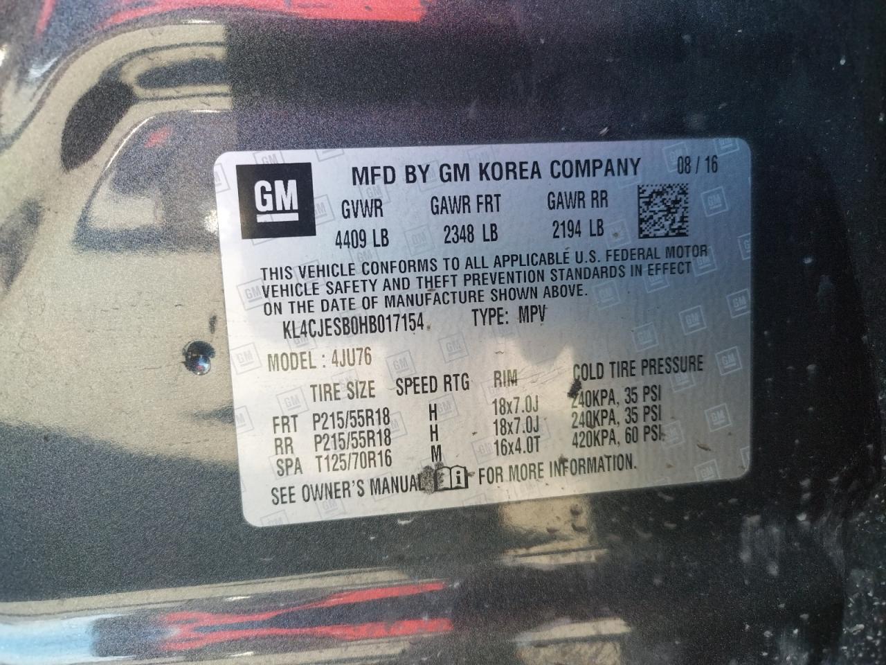 Photo 10 from auction – 2017 BUICK ENCORE PRE with VIN KL4CJESB0HB017154
