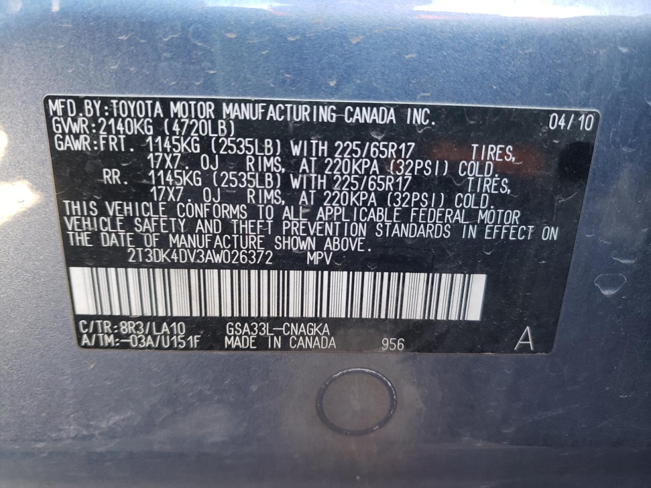 Photo 10 from auction – 2010 TOYOTA RAV4 LIMIT with VIN 2T3DK4DV3AW026372