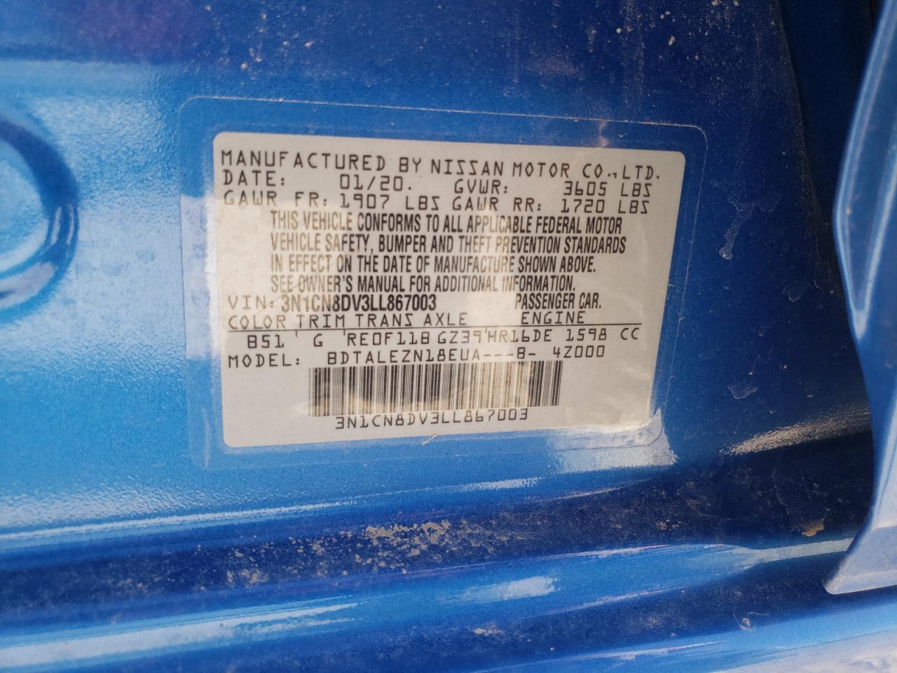 Photo 10 from auction – 2020 NISSAN VERSA S with VIN 3N1CN8DV3LL867003