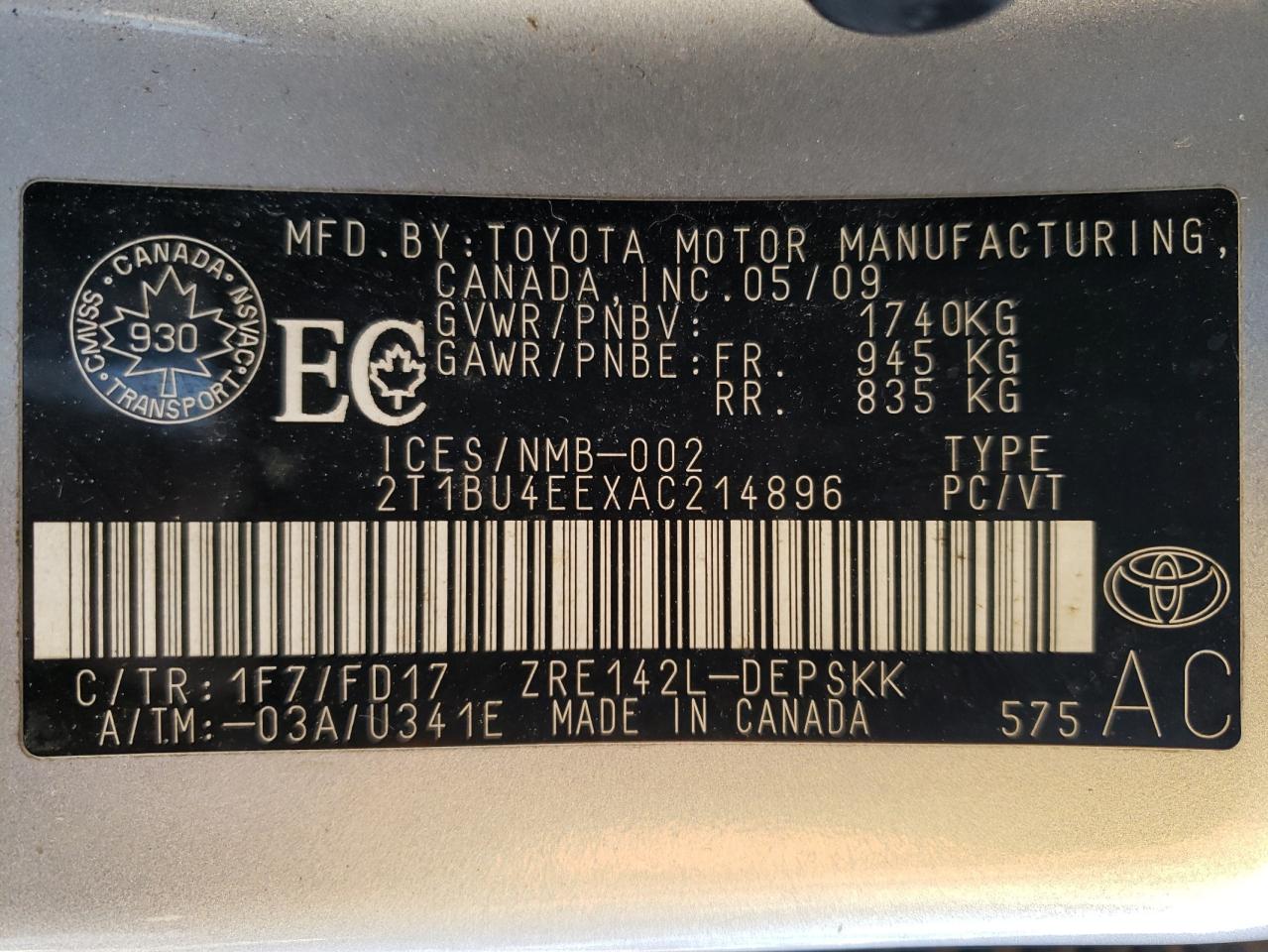 Photo 10 from auction – 2010 TOYOTA COROLLA BA with VIN 2T1BU4EEXAC214896