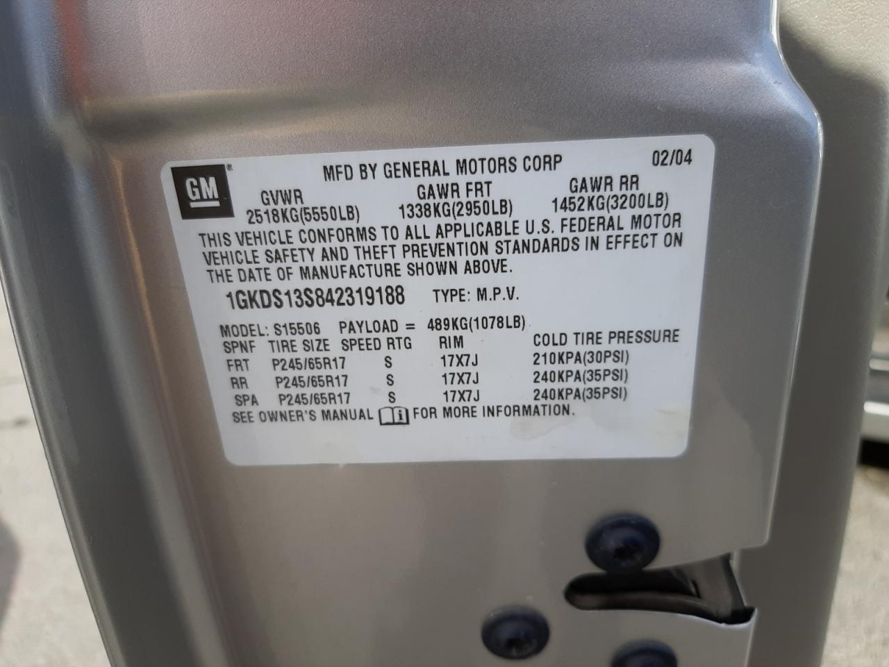 Photo 10 from auction – 2004 GMC ENVOY with VIN 1GKDS13S842319188