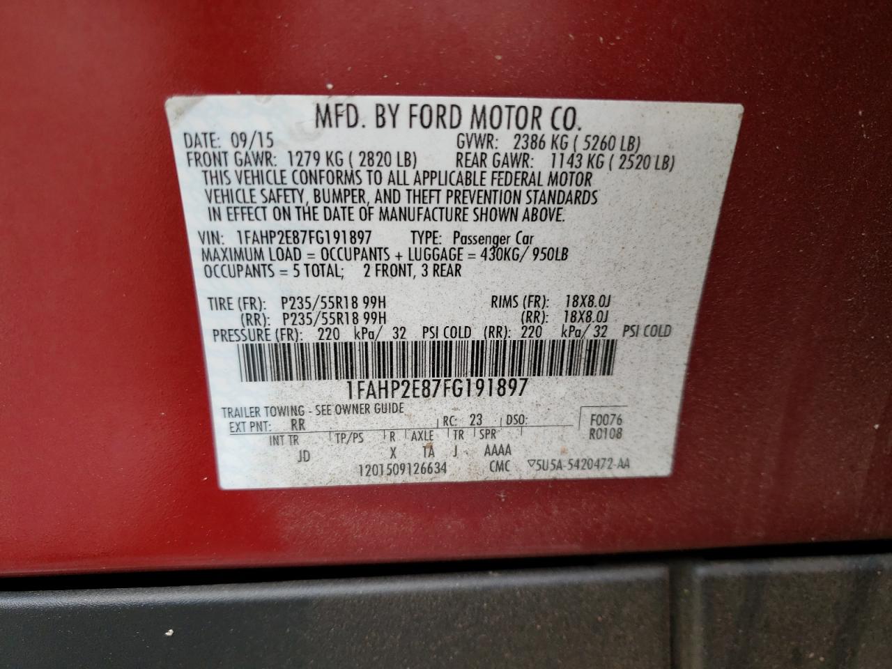 Photo 10 from auction – 2015 FORD TAURUS SEL with VIN 1FAHP2E87FG191897