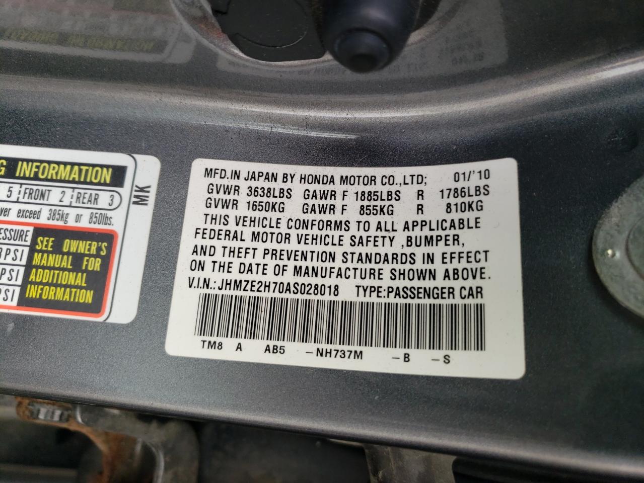 Photo 10 from auction – 2010 HONDA INSIGHT EX with VIN JHMZE2H70AS028018