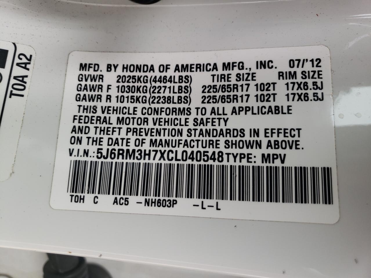 Photo 10 from auction – 2012 HONDA CR-V EXL with VIN 5J6RM3H7XCL040548