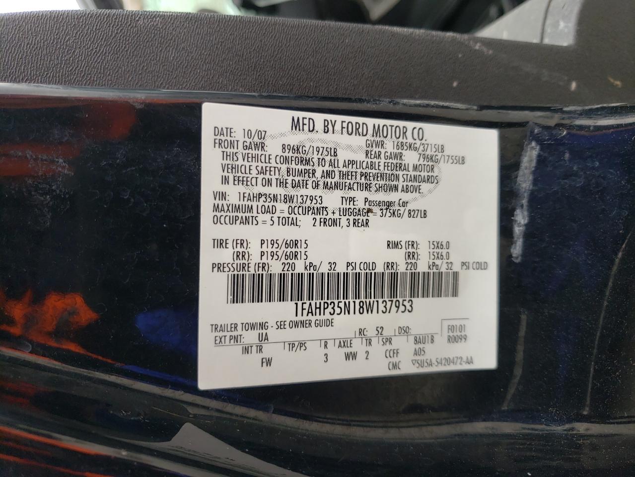Photo 10 from auction – 2008 FORD FOCUS SE with VIN 1FAHP35N18W137953