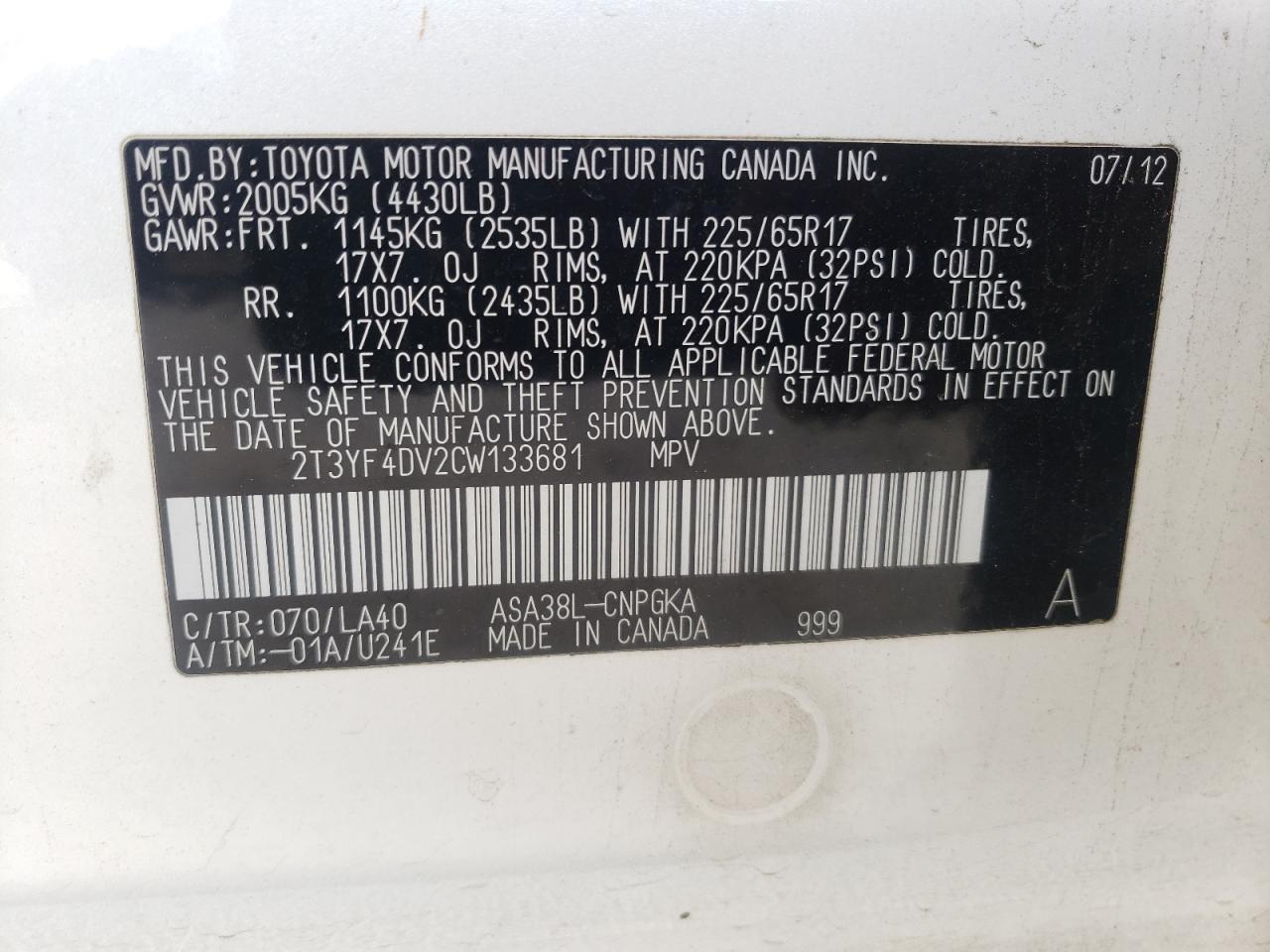 Photo 10 from auction – 2012 TOYOTA RAV4 LIMIT with VIN 2T3YF4DV2CW133681