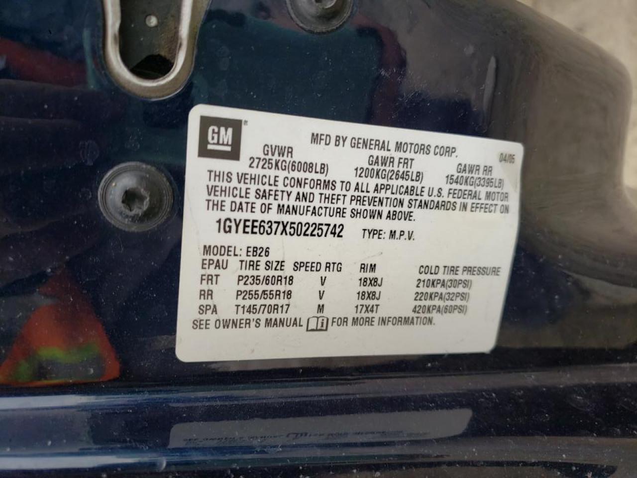 Photo 10 from auction – 2005 CADILLAC SRX with VIN 1GYEE637X50225742