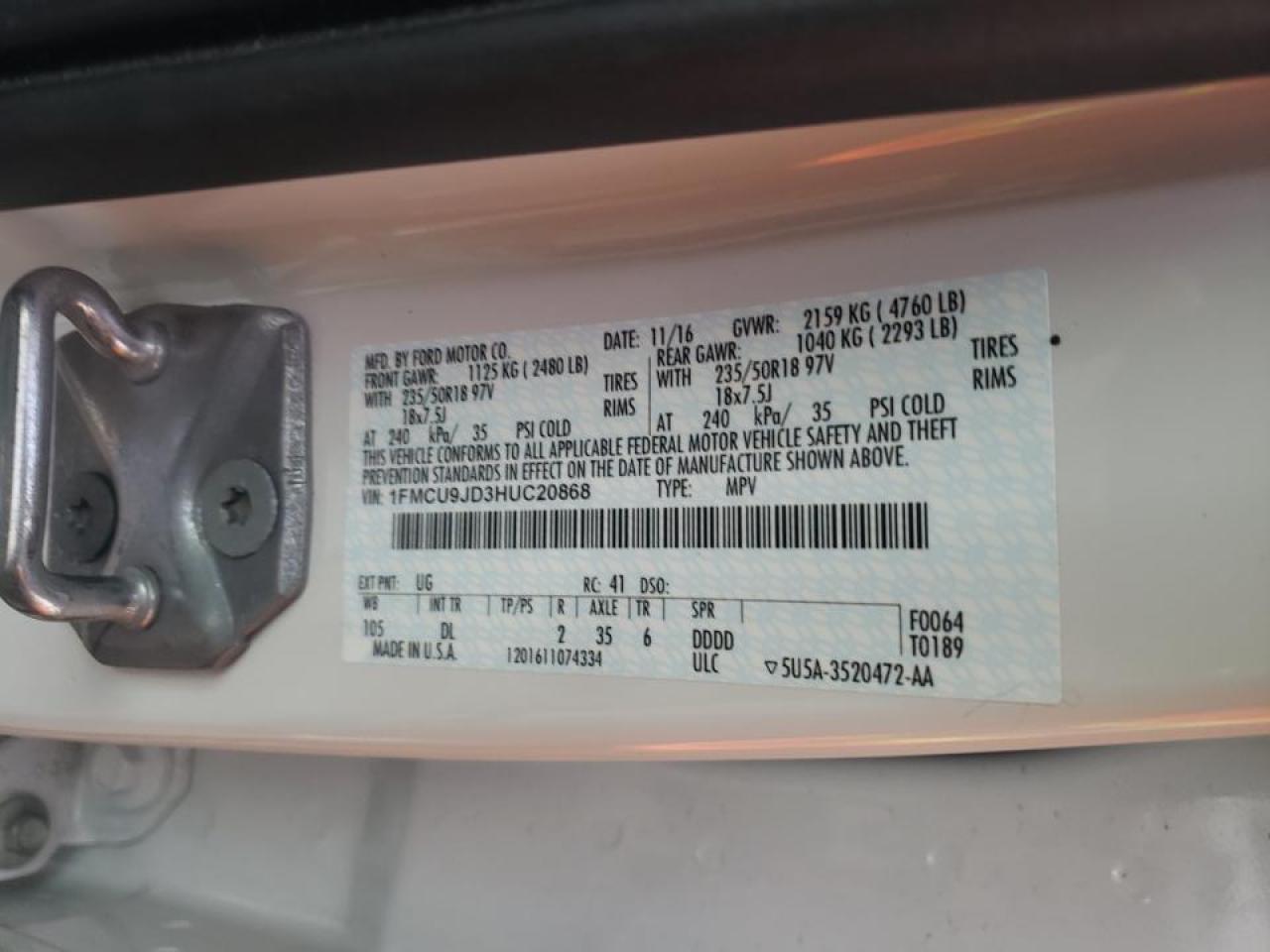 صورة رقم 10 من المزاد - 2017 FORD ESCAPE TIT مع VIN 1FMCU9JD3HUC20868