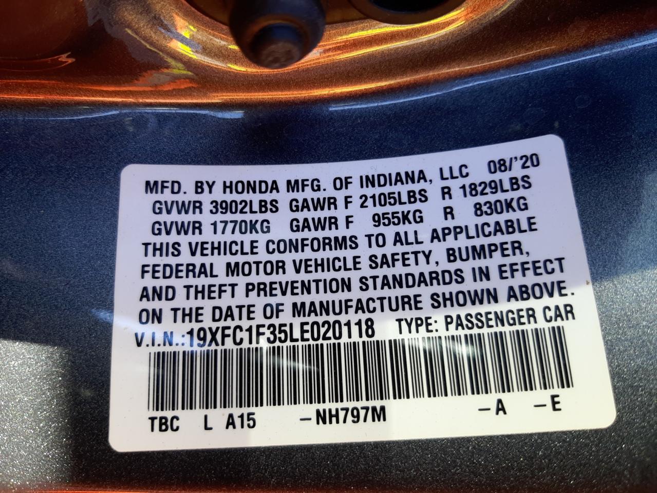 Photo 10 from auction – 2020 HONDA CIVIC EX with VIN 19XFC1F35LE020118