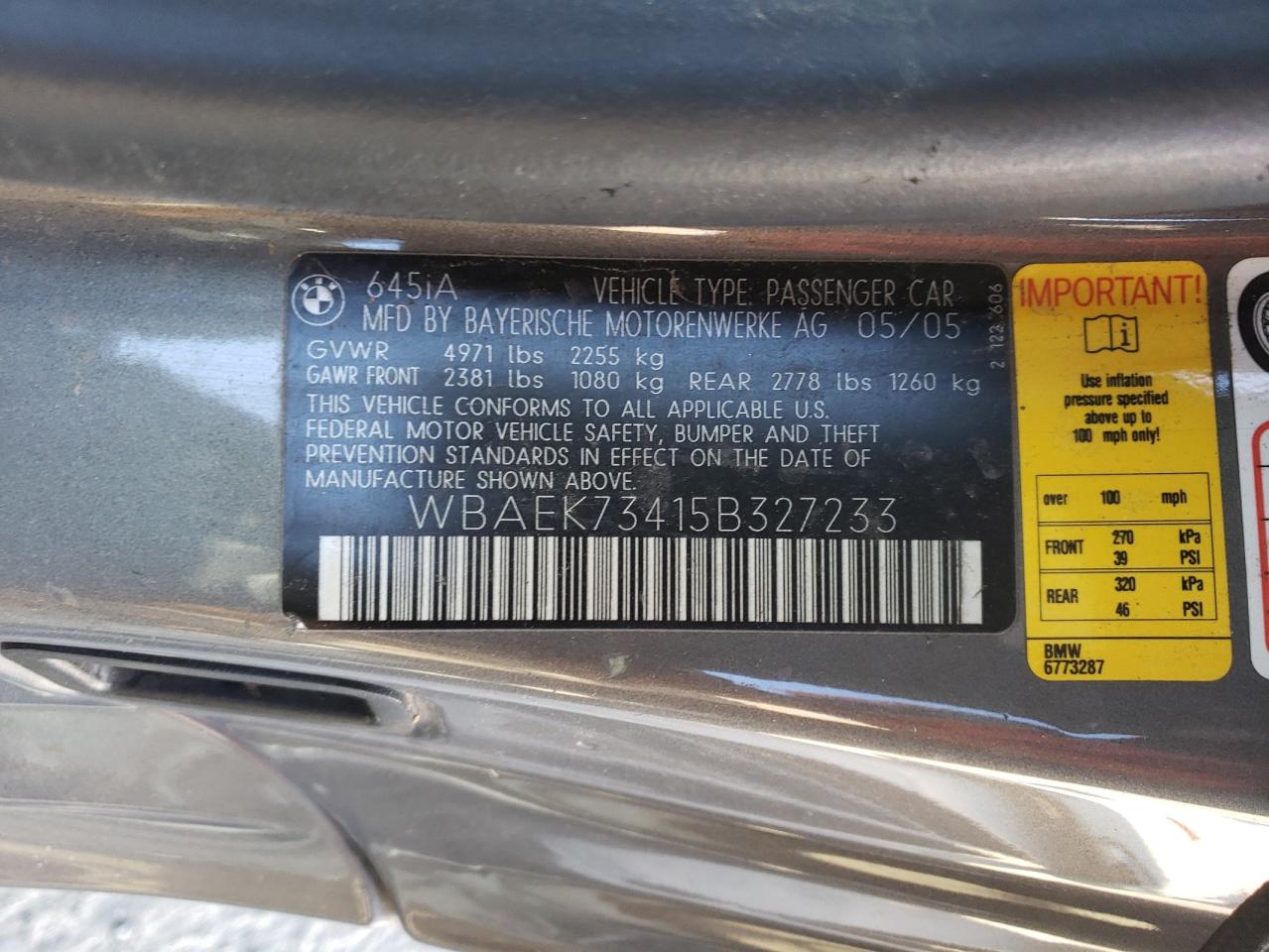 Photo 10 from auction – 2005 BMW 645 CI AUT with VIN WBAEK73415B327233