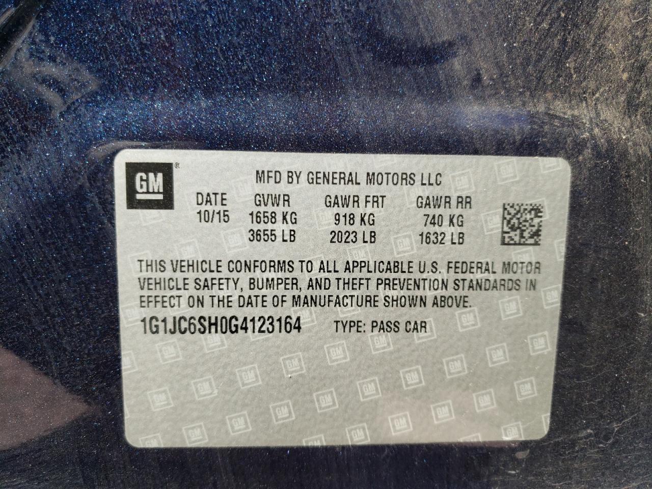 Photo 10 from auction – 2016 CHEVROLET SONIC LT with VIN 1G1JC6SH0G4123164
