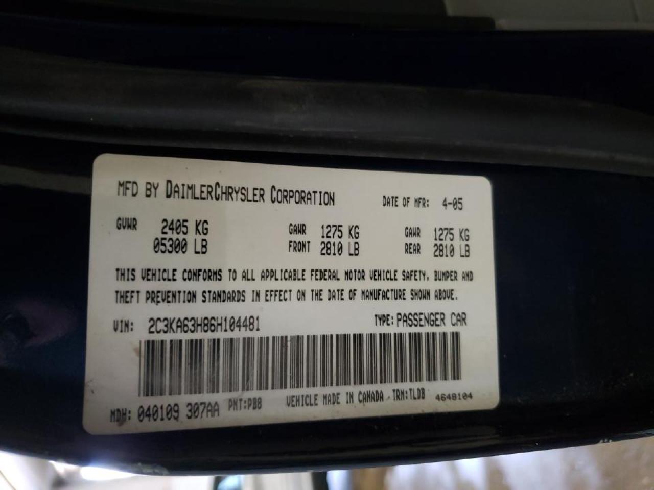 Photo 10 from auction – 2006 CHRYSLER 300C with VIN 2C3KA63H86H104481