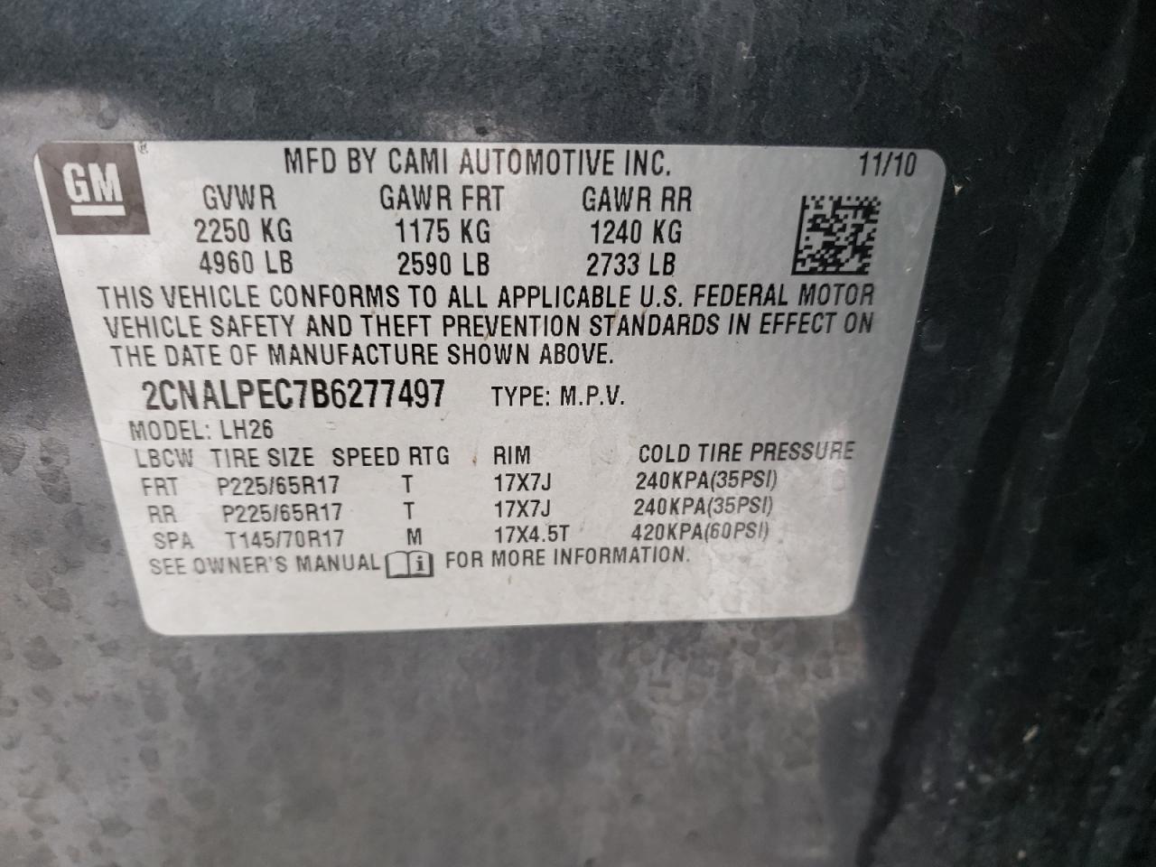 Photo 10 from auction – 2011 CHEVROLET EQUINOX LT with VIN 2CNALPEC7B6277497