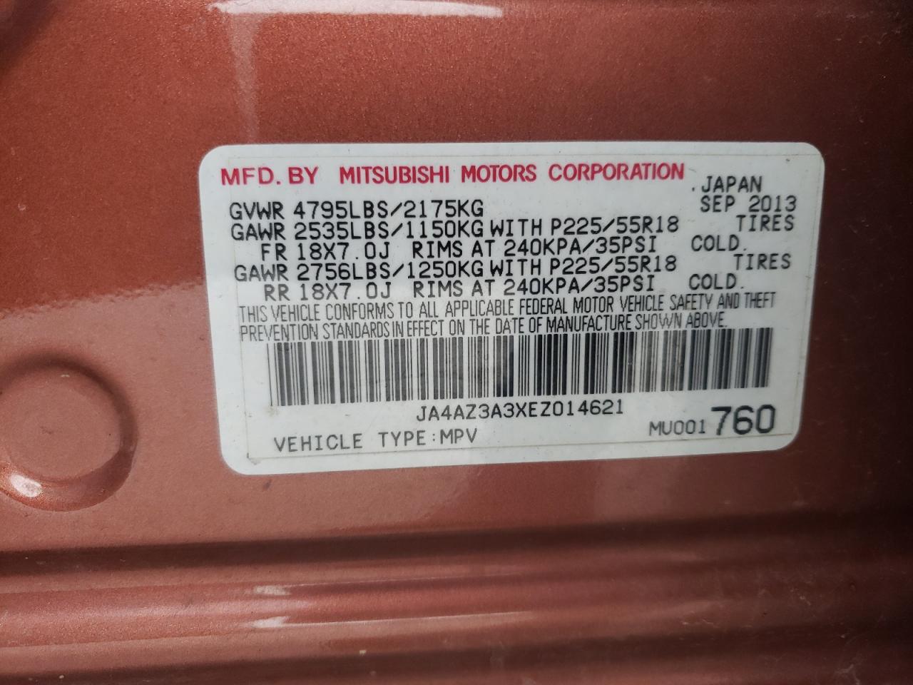 Photo 10 from auction – 2014 MITSUBISHI OUTLANDER with VIN JA4AZ3A3XEZ014621
