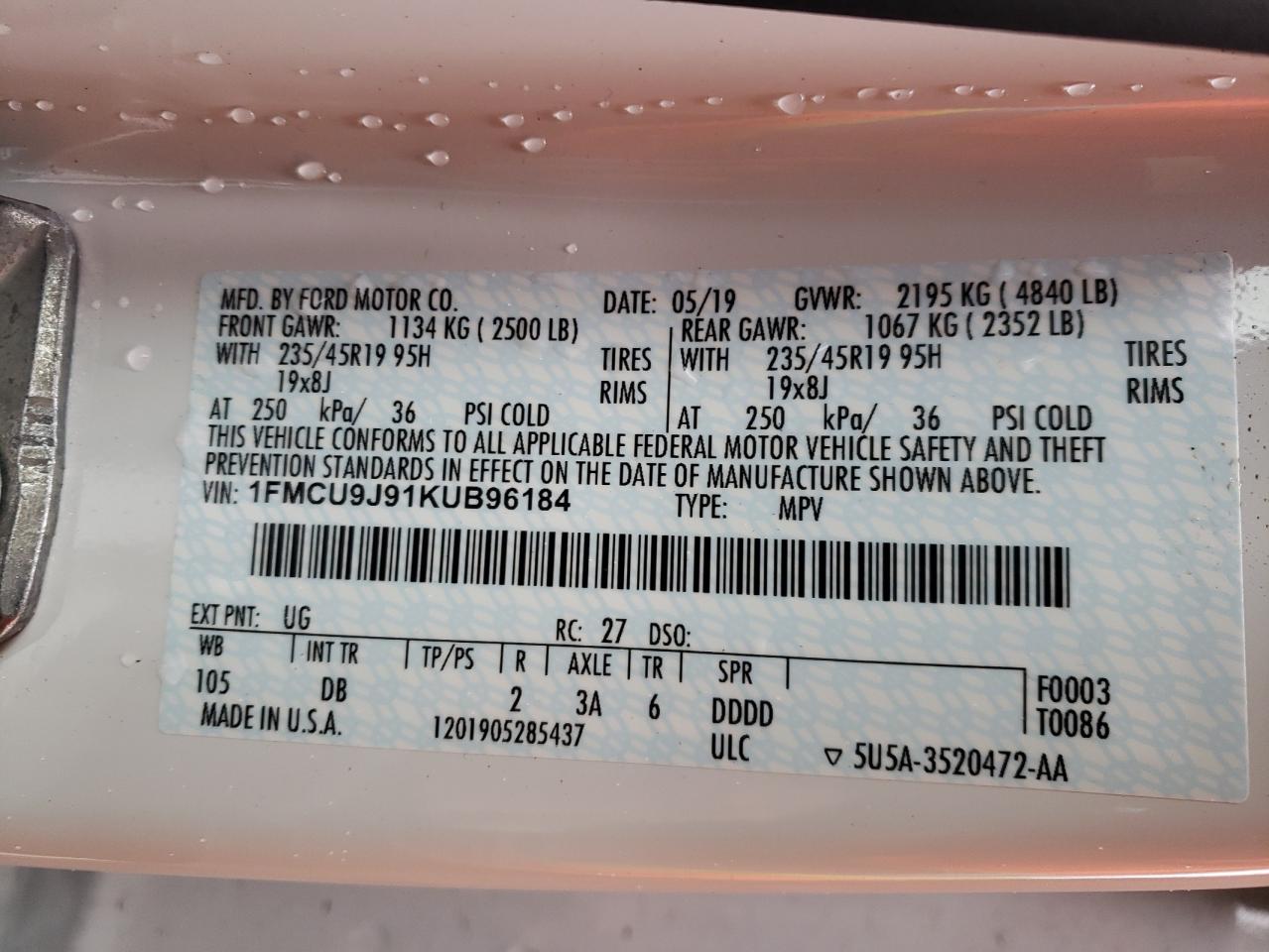 Photo 10 from auction – 2019 FORD ESCAPE TIT with VIN 1FMCU9J91KUB96184
