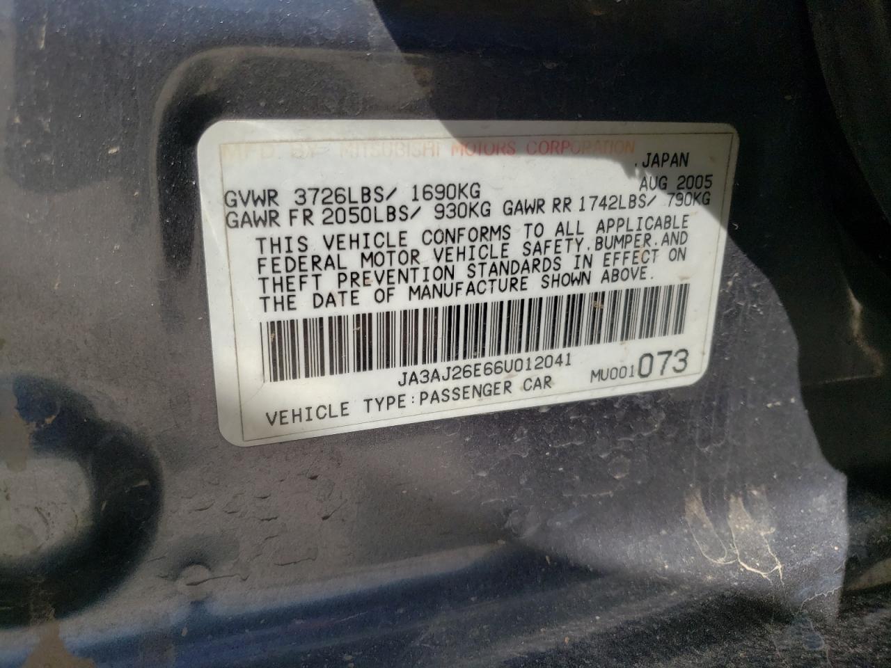 Photo 10 from auction – 2006 MITSUBISHI LANCER ES with VIN JA3AJ26E66U012041