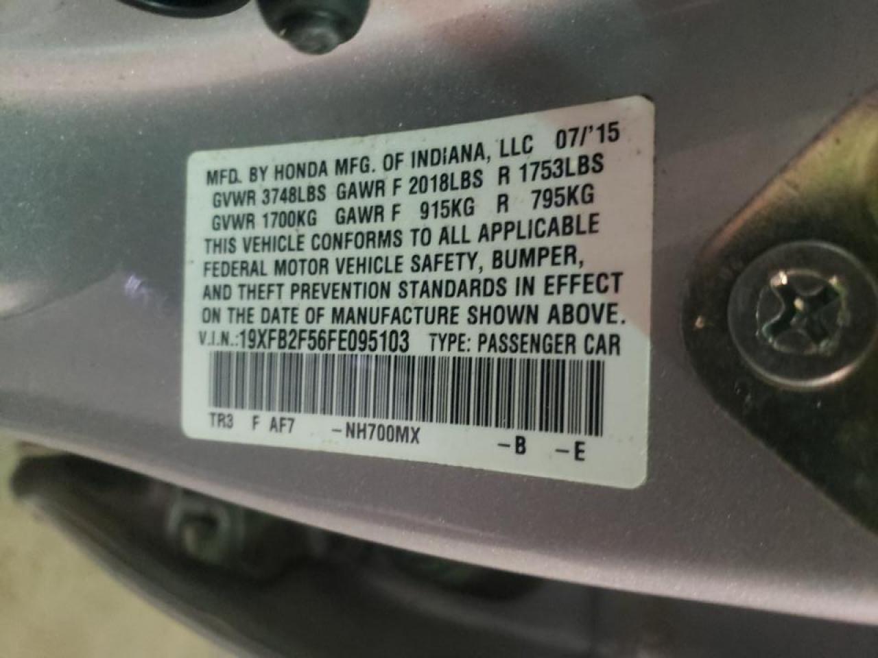 Photo 10 from auction – 2015 HONDA CIVIC LX with VIN 19XFB2F56FE095103