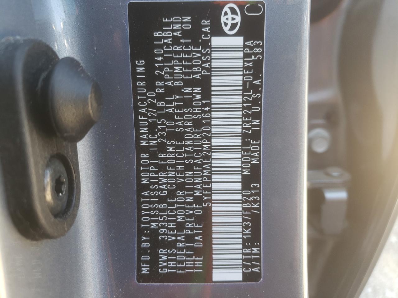 Photo 10 from auction – 2021 TOYOTA COROLLA LE with VIN 5YFEPMAE2MP201641
