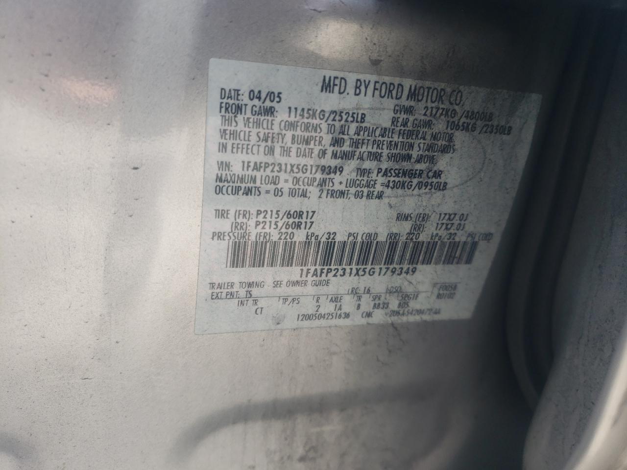 Photo 10 from auction – 2005 FORD FIVE HUNDR with VIN 1FAFP231X5G179349