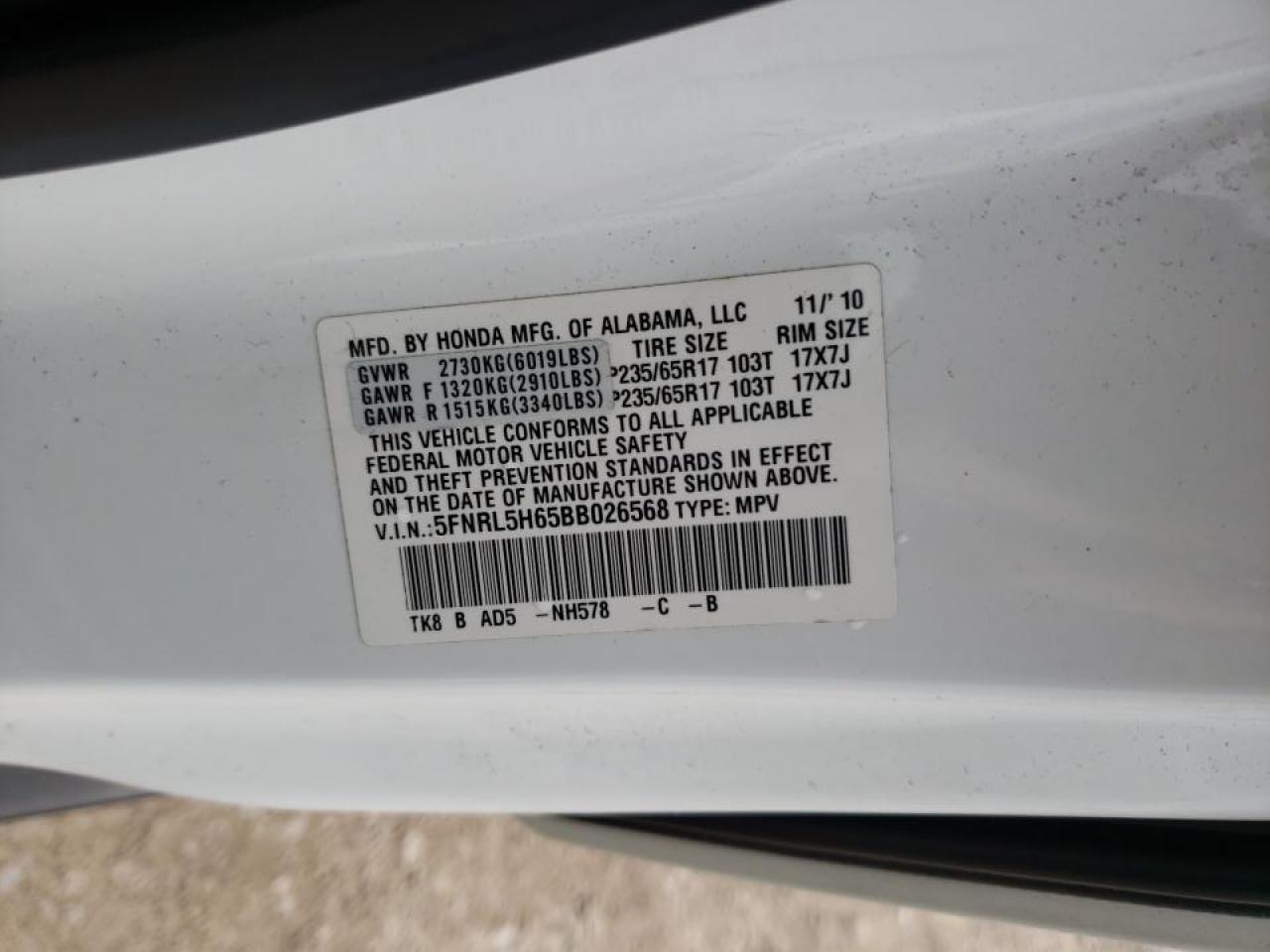 Photo 10 from auction – 2011 HONDA ODYSSEY EX with VIN 5FNRL5H65BB026568