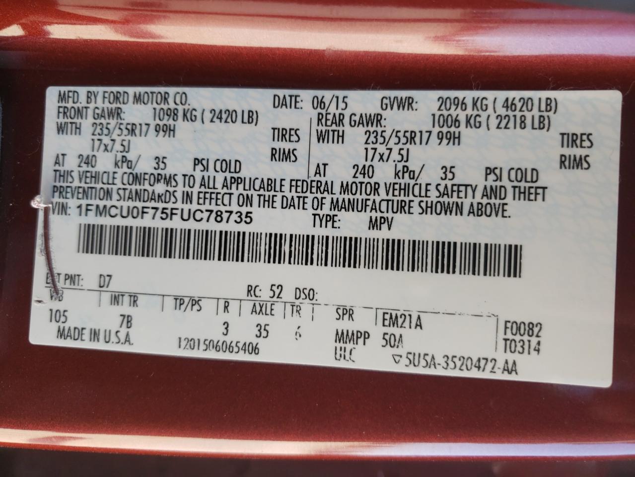 Photo 10 from auction – 2015 FORD ESCAPE S with VIN 1FMCU0F75FUC78735