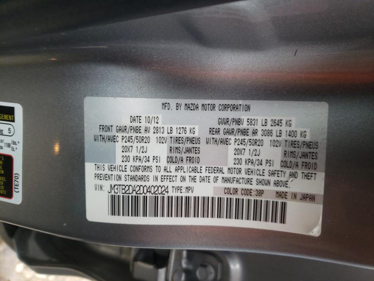 Photo 10 from auction – 2013 MAZDA CX-9 GRAND with VIN JM3TB2DA2D0402024