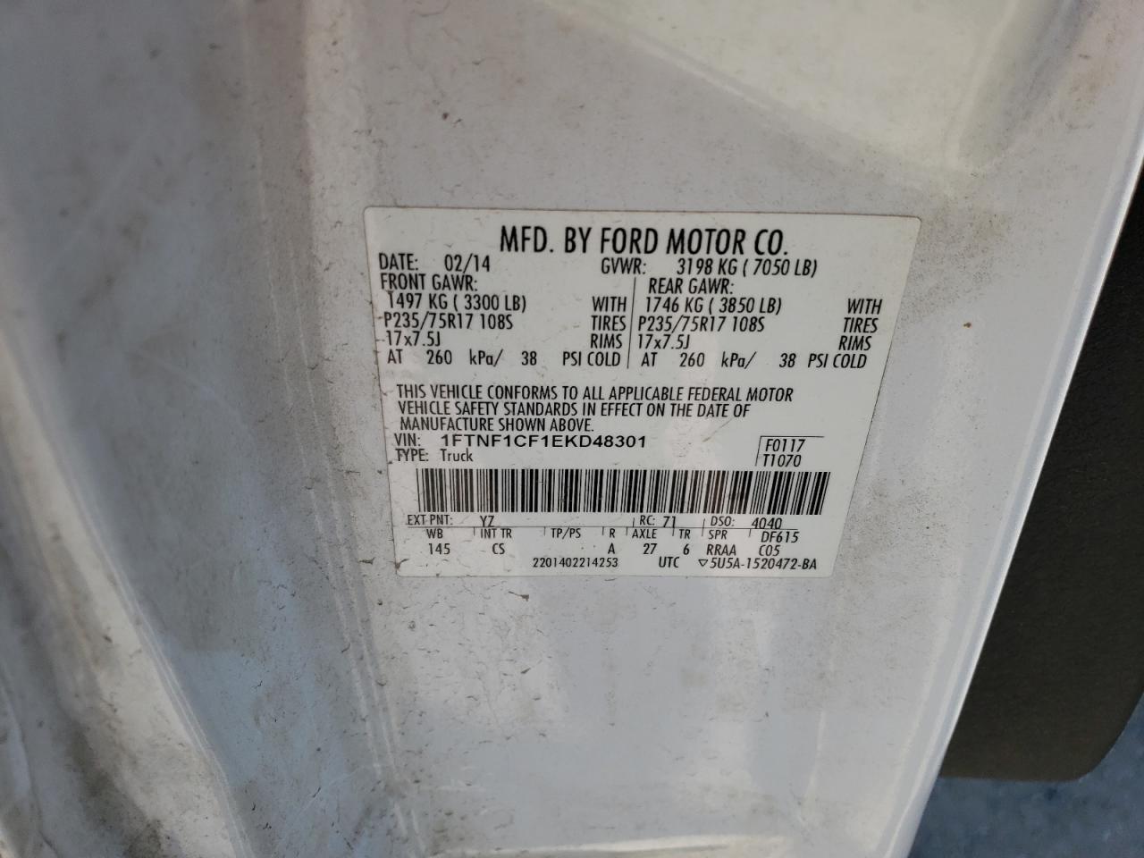 Photo 10 from auction – 2014 FORD F150 with VIN 1FTNF1CF1EKD48301