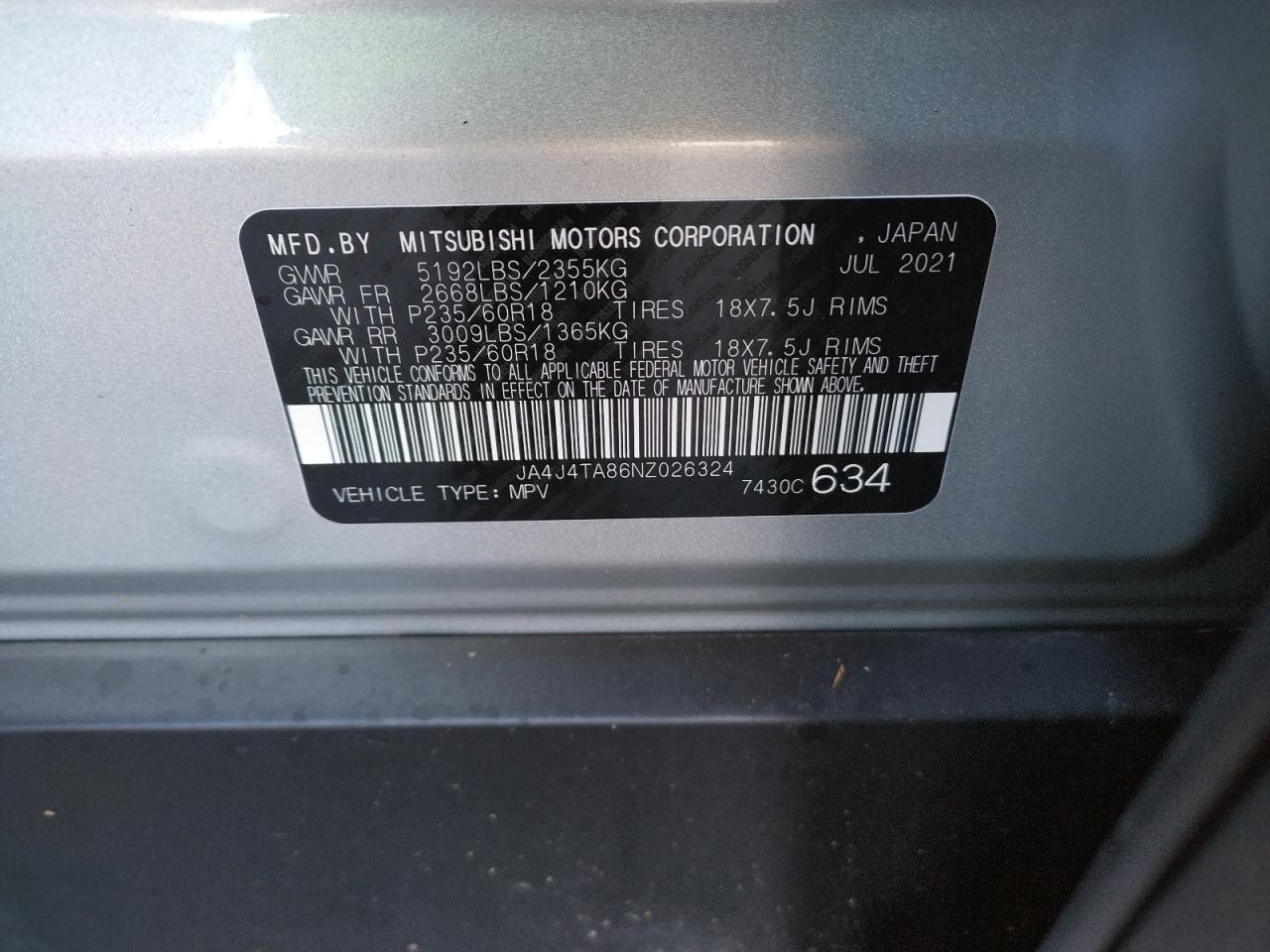 Photo 10 from auction – 2022 MITSUBISHI OUTLANDER with VIN JA4J4TA86NZ026324
