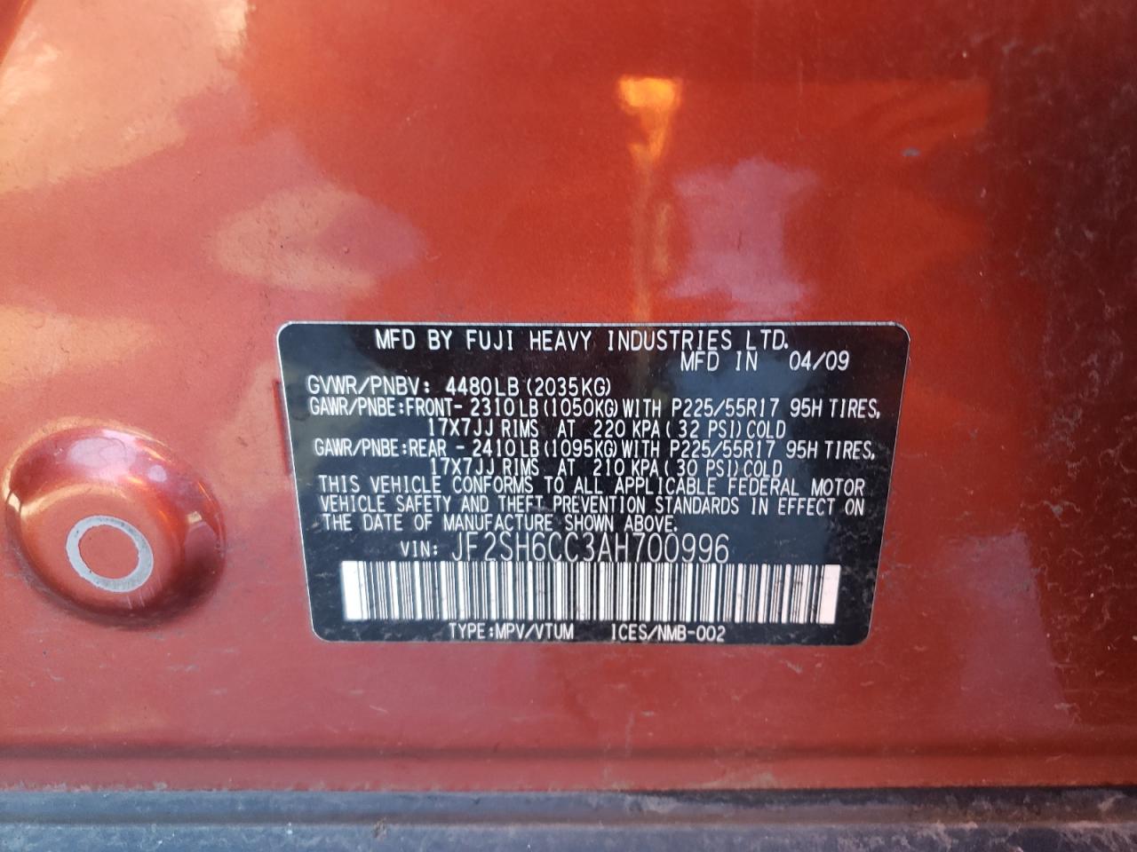Photo 10 from auction – 2010 SUBARU FORESTER 2 with VIN JF2SH6CC3AH700996