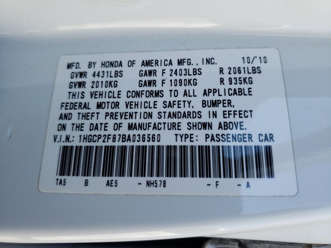 Photo 10 from auction – 2011 HONDA ACCORD EXL with VIN 1HGCP2F87BA036560