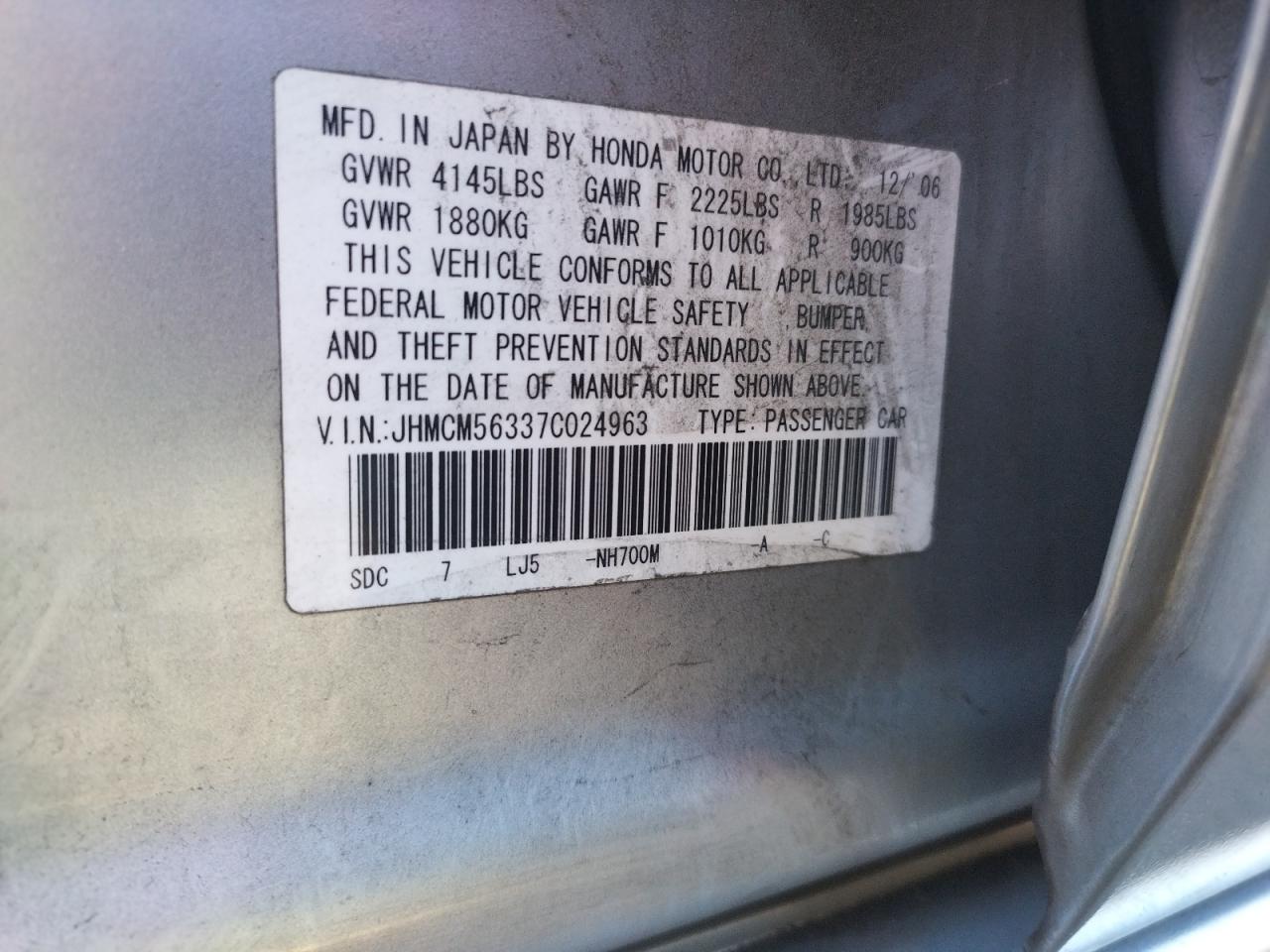 Photo 10 from auction – 2007 HONDA ACCORD SE with VIN JHMCM56337C024963