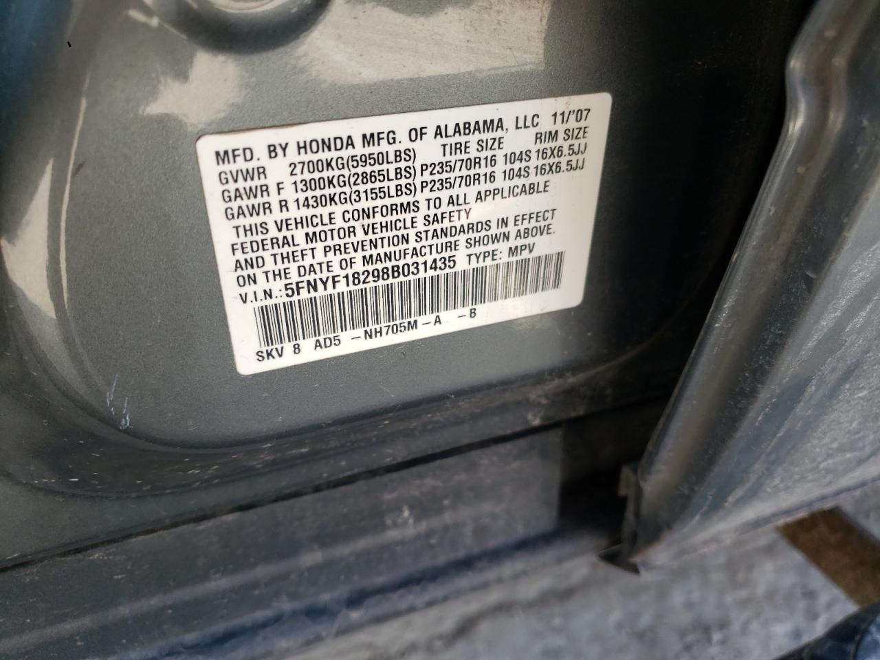 Photo 10 from auction – 2008 HONDA PILOT VP with VIN 5FNYF18298B031435