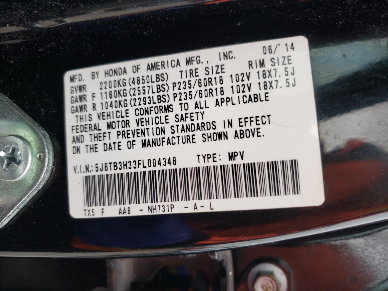 Photo 10 from auction – 2015 ACURA RDX with VIN 5J8TB3H33FL004348