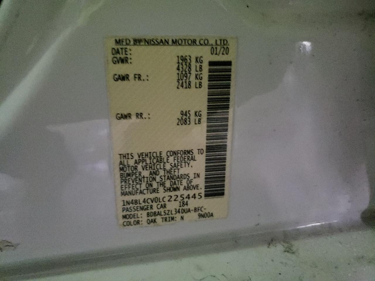 Photo 10 from auction – 2020 NISSAN ALTIMA SR with VIN 1N4BL4CV0LC225445