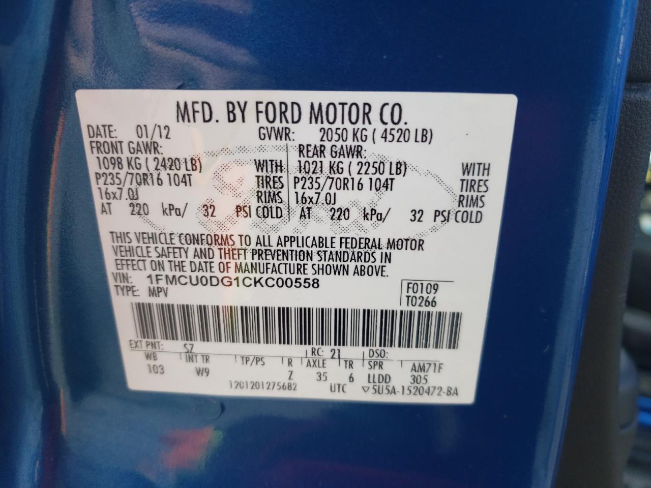 Photo 10 from auction – 2012 FORD ESCAPE XLT with VIN 1FMCU0DG1CKC00558